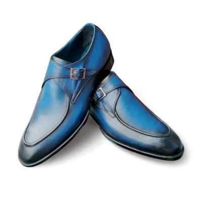 Crafted Leather Classic Blue Leather Monk Strap Dress Shoes
