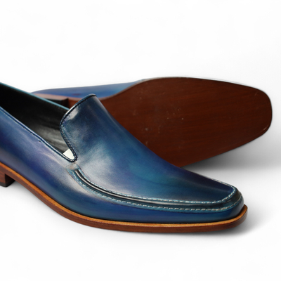 Crafted leather classic blue leather moccasin loafers dress shoes - Thumbnail 2