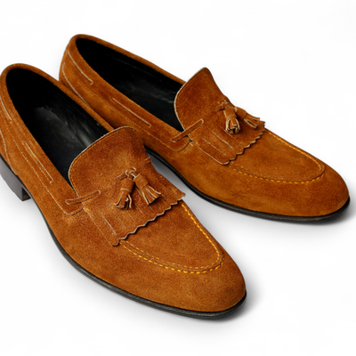 Crafted leather handmade men brown suede leather fringes tassel loafers dress shoes - Thumbnail 2