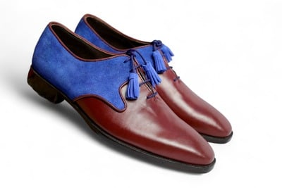 Crafted Leather Classic Men Brown Leather Blue Suede Leather Oxford Lace up Dress Shoes
