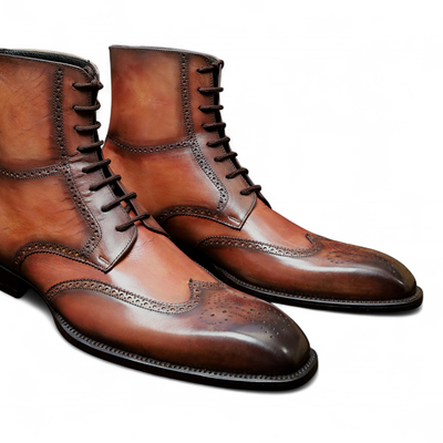 Crafted leather classic dress shoes brown black patina ankle high lace up wingtip dress boot  - Thumbnail 4