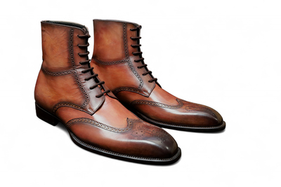 Crafted Leather Classic Dress Shoes Brown Black Patina Ankle High Lace up Wingtip Dress Boot