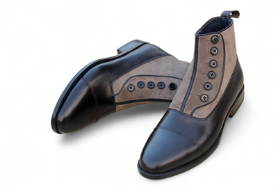 Crafted Leather Handmade Mens Black Calf Gray Suede Leather Ankle High Button Boot