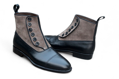 Crafted Leather Handmade Mens Black Calf Gray Suede Leather Ankle High Button Boot