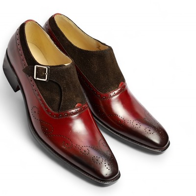 Crafted leather classic brown suede burgundy patina monk strap loafers dress shoes - Thumbnail 2