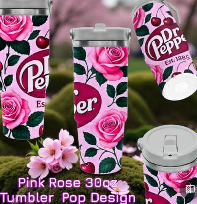 *Pink Rose Pop Design | 30 oz Flip-Straw Stainless Tumbler w/Handle | FREE SHIP! *