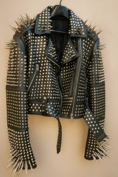Crafted Leather New Classic Awesome Handmade Women's Black Studded Brando Metal Spiked Leather Round Studs Jacket
