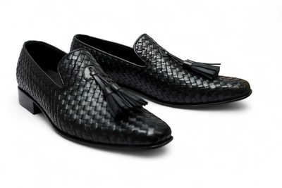 Crafted Leather Men Elegant Classic Black Woven Leather Tassel Loafers Dress Shoes