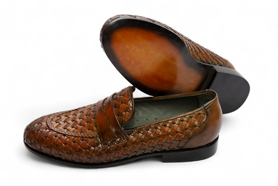 Crafted Leather Handmade Men Brown Woven Leather Moccasin Loafers Formal Dress Shoes
