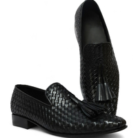 Crafted Leather Men Elegant Classic Black Woven Leather Tassel Loafers Dress Shoes - Thumbnail 2