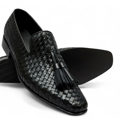 Crafted leather men elegant classic black woven leather tassel loafers dress shoes - Thumbnail 1