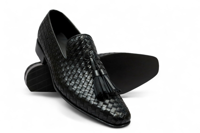 Crafted Leather Men Elegant Classic Black Woven Leather Tassel Loafers Dress Shoes