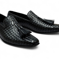 Crafted Leather Men Elegant Classic Black Woven Leather Tassel Loafers Dress Shoes - Thumbnail 1