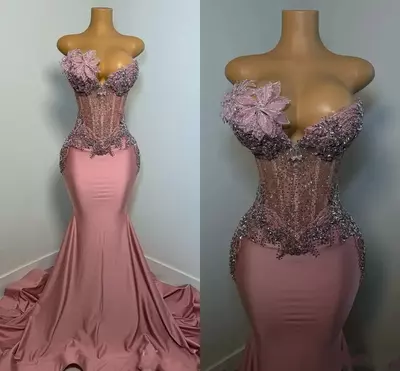 Dusty Pink Evening Dress with Sparkly Crystals Embellishment For African Black Women Handmade Flower Special Occasion Prom Gowns Trumpet Dress