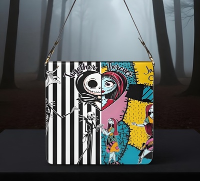 Nightmare Before Christmas Jack & Sally Pop Art Patchwork Leather Bucket Bag | Free Ship JTPRT