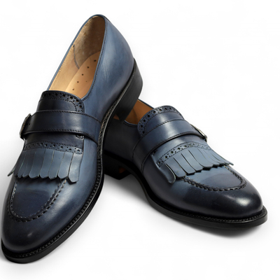 Crafted leather handmade gray black shaded fringes single monk strap party wear dress shoes - Thumbnail 1