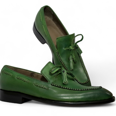 Crafted leather men classic green leather tassel loafers dress shoes - Thumbnail 2