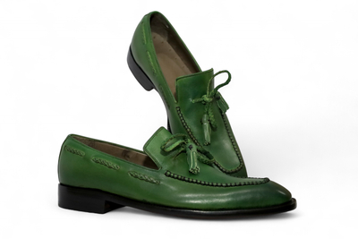 Crafted Leather Men Classic Green Leather Tassel Loafers Dress Shoes