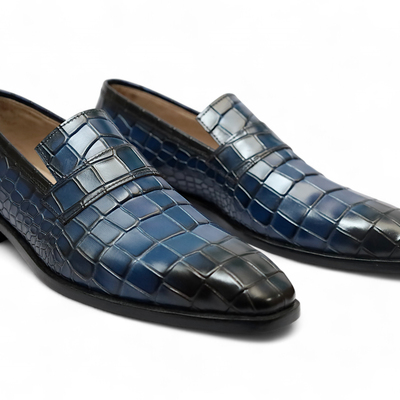 Crafted leather men classic blue crocodile leather moccasin loafers slip on formal shoes - Thumbnail 1