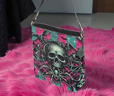 Gothic Skull Spider Web Pink Roses Teal Glow Leather Bucket Bag | Free Ship. JTPRT