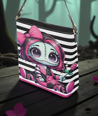 Kawaii Pastel Goth Doll Pink Stripes Leather Bucket Bag | Free Ship. JTPRT
