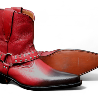 Crafted leather handmade men cowboy buckle ankle boot in red color - Thumbnail 3