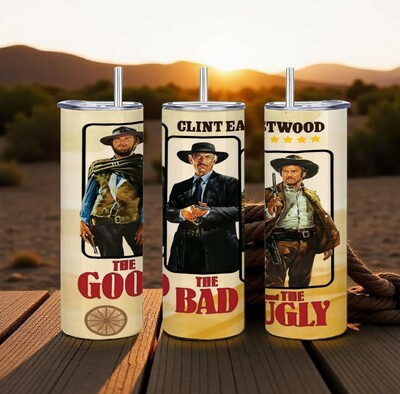 The Good, The Bad and The Ugly Tumbler, Clint Eastwood Western 20oz Skinny Tumbler, Spaghetti Western Movie Fan Gift