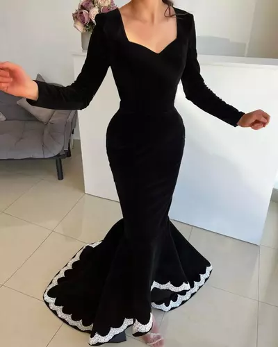Elegant Black Veet Mermaid Evening Dresses Lace Edge Sleeves Party Prom Pleats Long Dress For Red Carpet Special Ocn