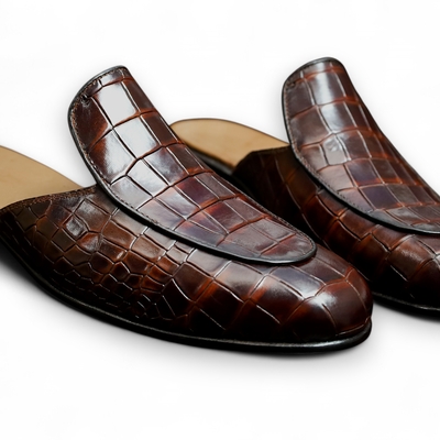 Crafted leather handmade men dress shoes classic brown crocodile leather alligator mules  - Thumbnail 2