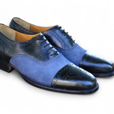 Crafted leather handmade men classic black leather blue suede oxford lace up dress shoes - Thumbnail 1