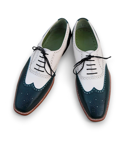 Crafted Leather Classic Green White Leather Wingtip Oxford Dress Shoes