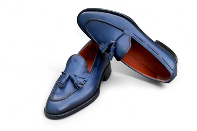 Crafted Leather Classic Blue Leather Tassel Loafers Dress Shoes