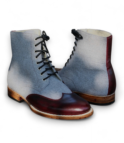 Crafted Leather Handmade Men Brown Tweed Leather Ankle High Wingtip Dress Boot