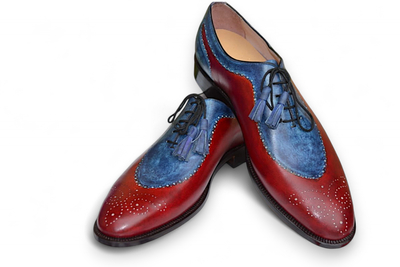Crafted Leather Bespoke Handmade Classic Blue Patina and Red Calf Unique Oxford Style Lace up Dress Wedding Shoes