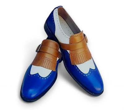 Crafted Leather Handmade Men Blue White Fringes Monk Strap Loafers Wingtip Dress Shoes
