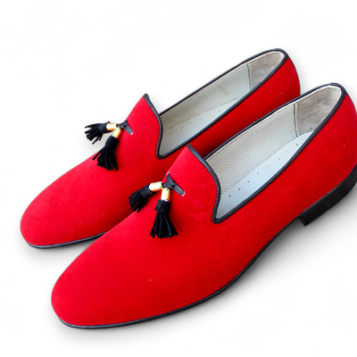 Crafted leather men awesome red velvet tassel loafers dress shoes - Thumbnail 1