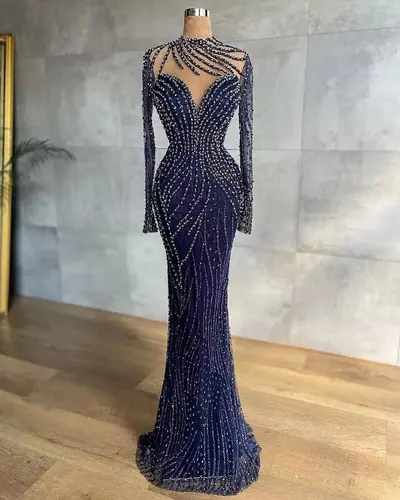 Plus Size Arabic Aso Ebi Navy Blue Luxurious Prom Dresses Beaded Mermaid Lace Evening Formal Party Second Reception Gowns Dress