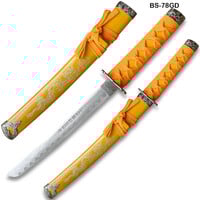 Edge Tanto 21" Sword – High Carbon Steel Blade with Gold Dragon Engraved Yellow Scabbard & Kanji Etching | Samurai Collectible - Thumbnail 1