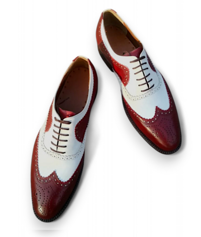 Crafted Leather Men Maroon White Leather Oxford Dress Wingtip Shoes
