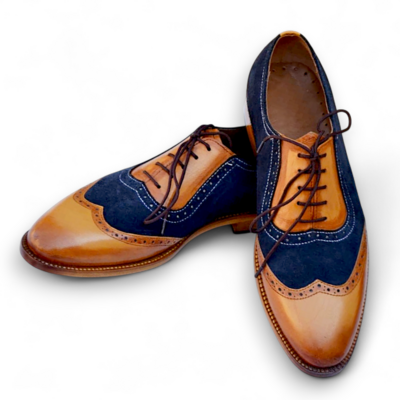 Crafted Leather Brown Blue Suede Leather Handmade Wingtip Oxford Dress Shoes