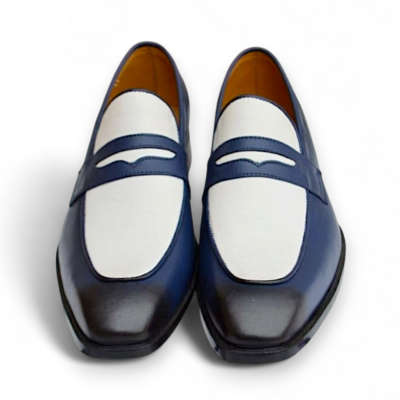 Crafted Leather Handmade Mens Blue White Formal Loafers Moccasins Shoes