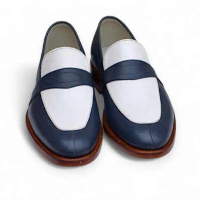 Crafted leather blue white moccasin loafers dress shoes for men - Thumbnail 1