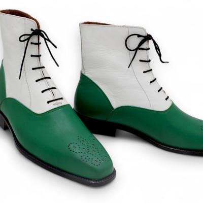 Crafted leather handmade men two tone lace up boots , green & white ankle high dress boots - Thumbnail 1