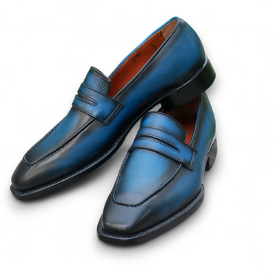 Crafted leather handmade men blue leather moccasin loafers dress shoes - Thumbnail 1