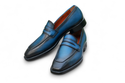 Crafted Leather Handmade Men Blue Leather Moccasin Loafers Dress Shoes