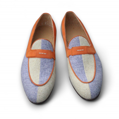 Crafted leather new handmade men blue beige linen fabric moccasins loafers shoes  - Thumbnail 1