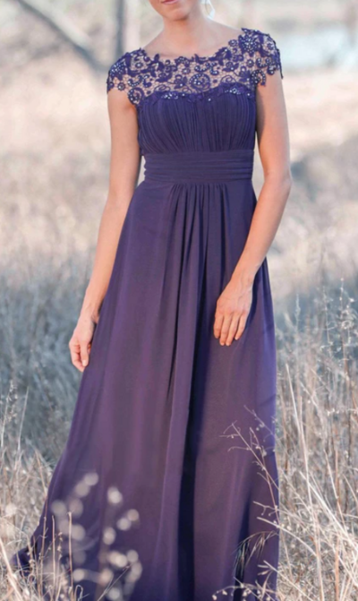 Illusion A-line Chiffon Cap Sleeve Pleated Long Mother Of Birdal Dress With Back Keyhole