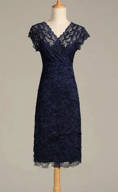 Sheath V Neck Cap Sleeve Navy Blue Lace Midi Mother Dress With V Back