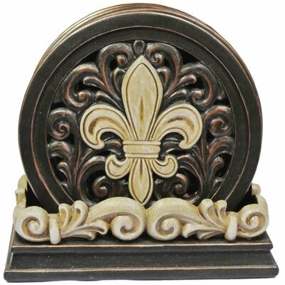 Fleur-De-Lis Carved Scroll Coaster Set – 4-Piece Decorative Resin Drink Coasters with Holder | Elegant Home Décor