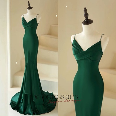 Green Spaghetti straps Beading Mermaid Floor Length Backless Back Evening Dress/Prom Dress